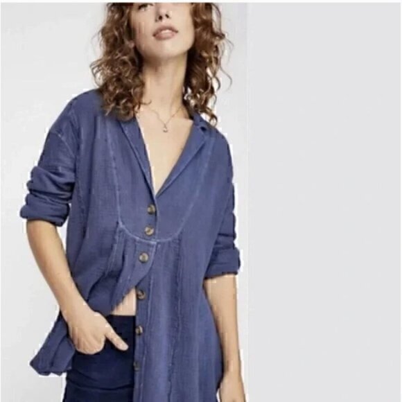 Free People All About the Feels Navy Gauze top - Picture 1 of 7
